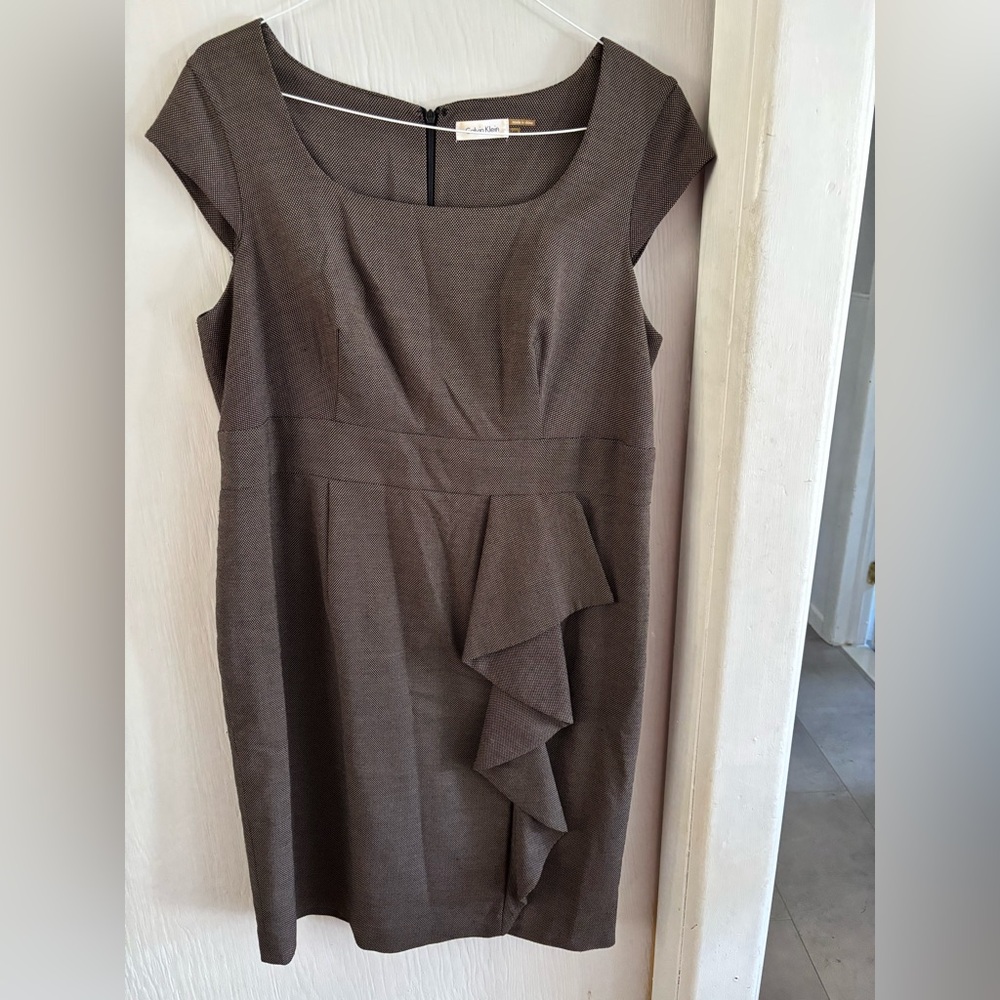 Calvin Klein Dark Brown Ruffle Sheath Midi Dress